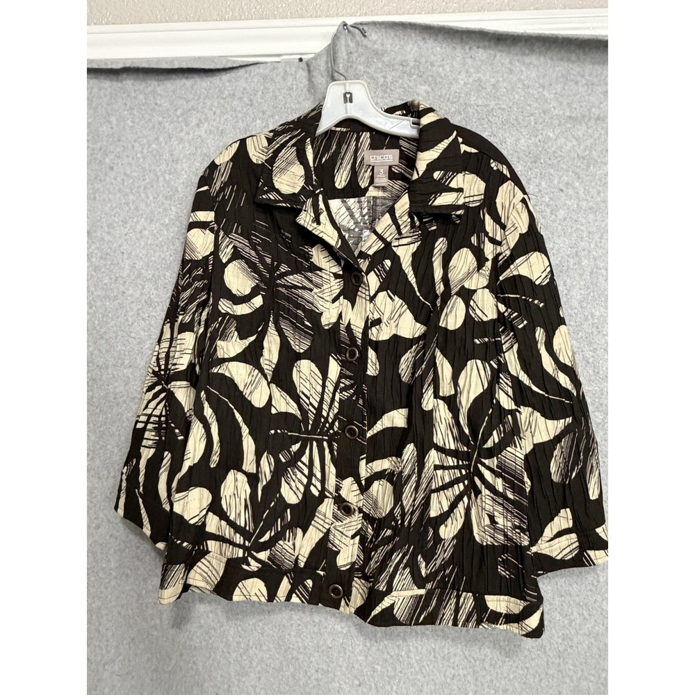 Chico's Button Up Shirt Womens 3 Black Tropical Floral 3/4 Sleeve Stretch Top